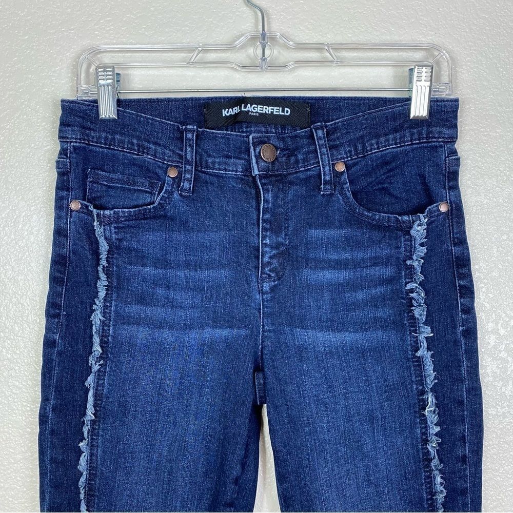 Karl Lagerfeld Dark Wash Mid Rise Raw Edge Cropped Cuffed Skinny Jeans - Picture 4 of 8